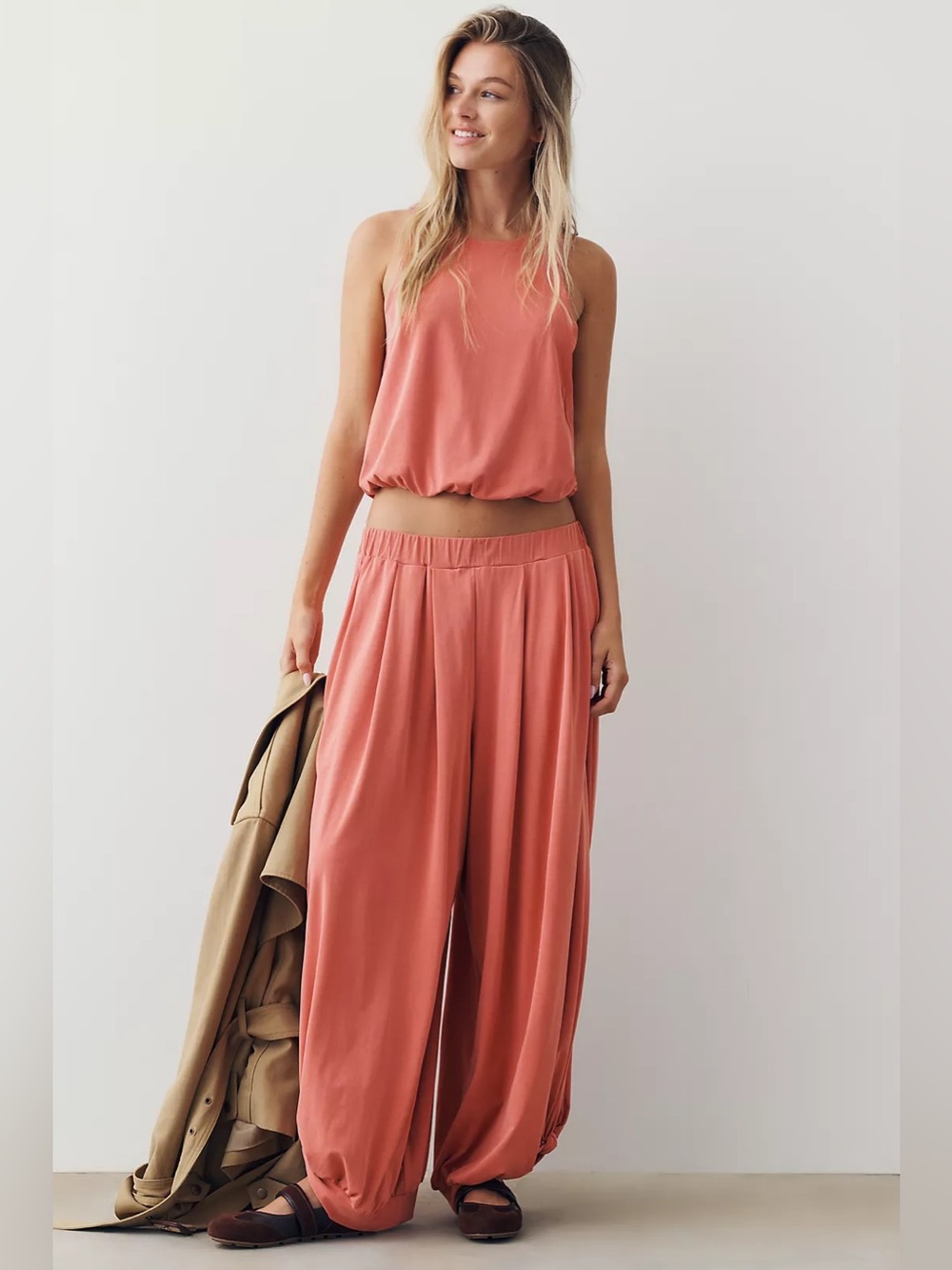 Anthropologie Daily Practice Twist Bubble Set Tank And Pants In Cedar Small